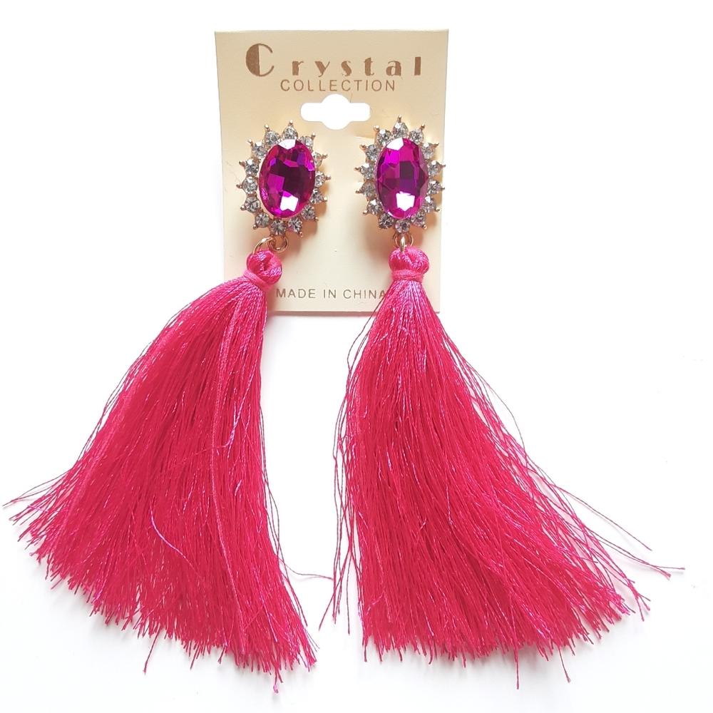 Crystal Collection Hot Pink Tassel Earrings - Picture 8 of 10